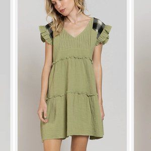 POL Olive Baby Doll Tiered Tunic Mini Dress